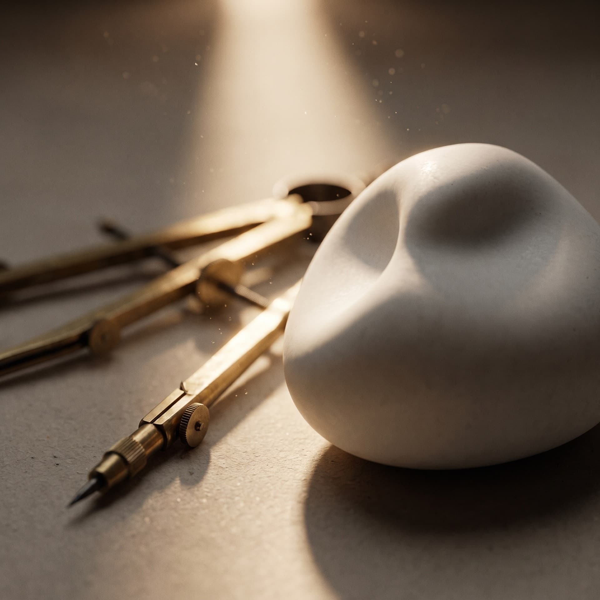 Ceramic dental study form beside brass measuring tools in warm light